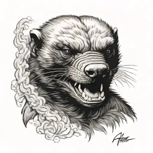 honey badger front view angry smoke background  tattoo design idea