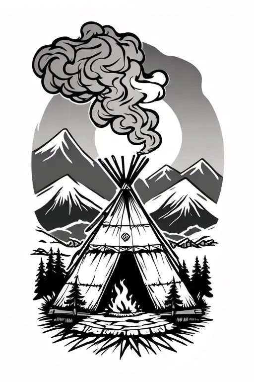 indian teepee, fire place inside, smoke coming from the top of the teepee, surrounded by wilderness tattoo design idea
