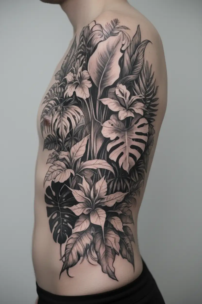  jungle plants only. the image should be in the negative format. masculine theme tattoo design idea