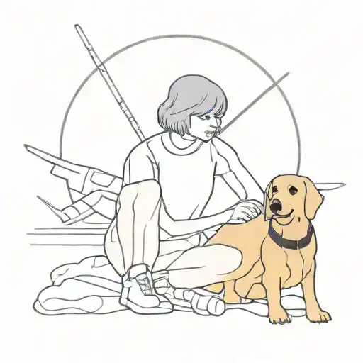 a star wars theme and design with a teen with short bob and her dog an old labraodr x golden retiver  tattoo design idea