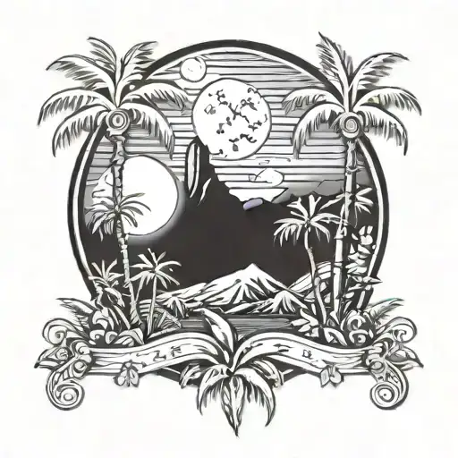 Hawaii mountains palm trees ponderosa pines moon travel tattoo design idea