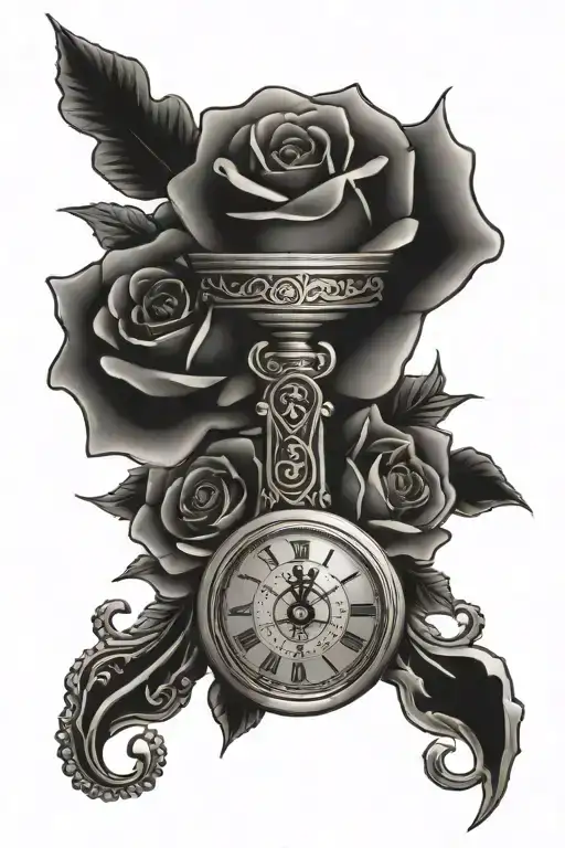 A pocket watch. 3 roses. ankh symbol tattoo design idea