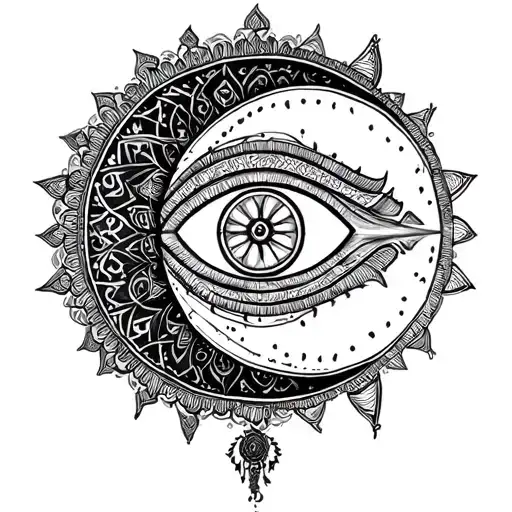 Crescent Moon → Trishul with Third Eye → Tripund Lines → Shiva Jata → Ganga Flow → Sri Yantra Mandala tattoo design idea