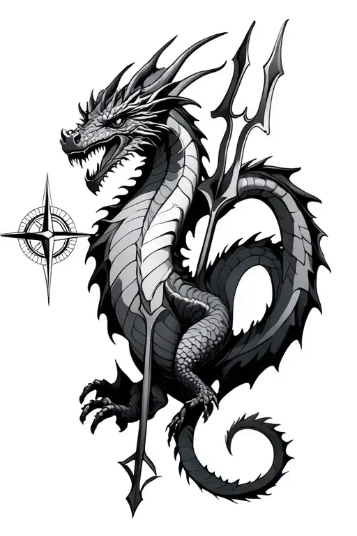 realistic dragon with trident and compass rose surrounded tattoo design idea