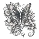 A Cross with semicolon butterfly and flowers growing tattoo design idea