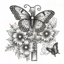 A Cross with semicolon butterfly and flowers growing tattoo design idea