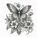 A Cross with semicolon butterfly and flowers growing tattoo design idea