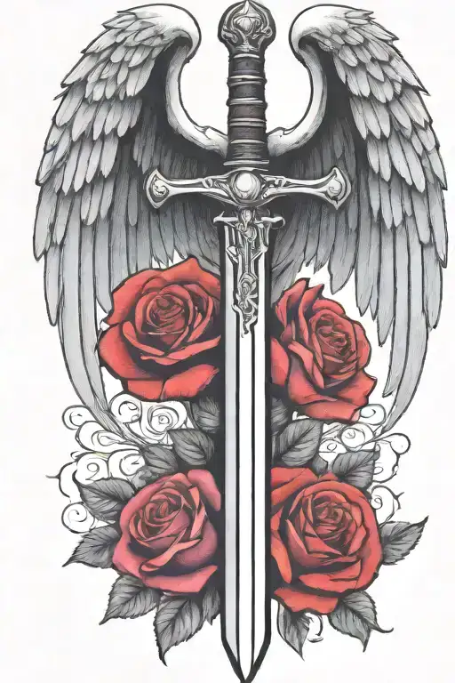 angel wings behind a sword, roses tattoo design idea
