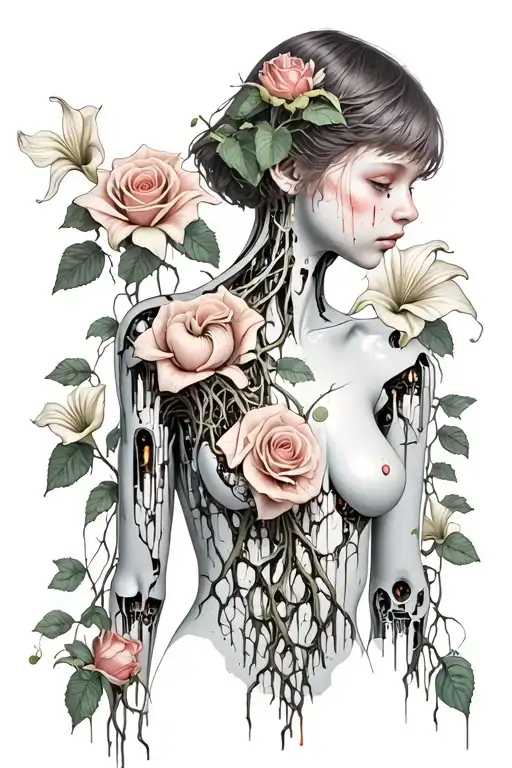 Silhouette of girl, half robot, with short hair, bare chest, roots growing out of roses and peace lily, decaying flesh tattoo design idea