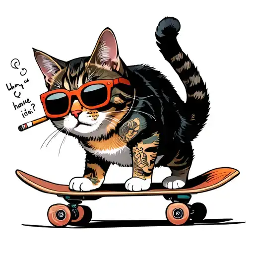 "why don't you have fun, idiot?" cat on a skateboard doing a trick standing on its hind legs, smoking a cigarette with sun glasses with tattoos tattoo design idea