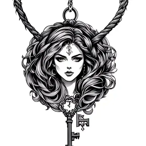 a symbol conveying confidence, beauty, strength to a woman.  Include a key and whip. tattoo design idea