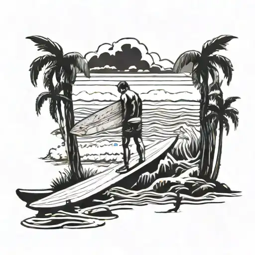 surfer standing with board on beach scene tattoo design idea