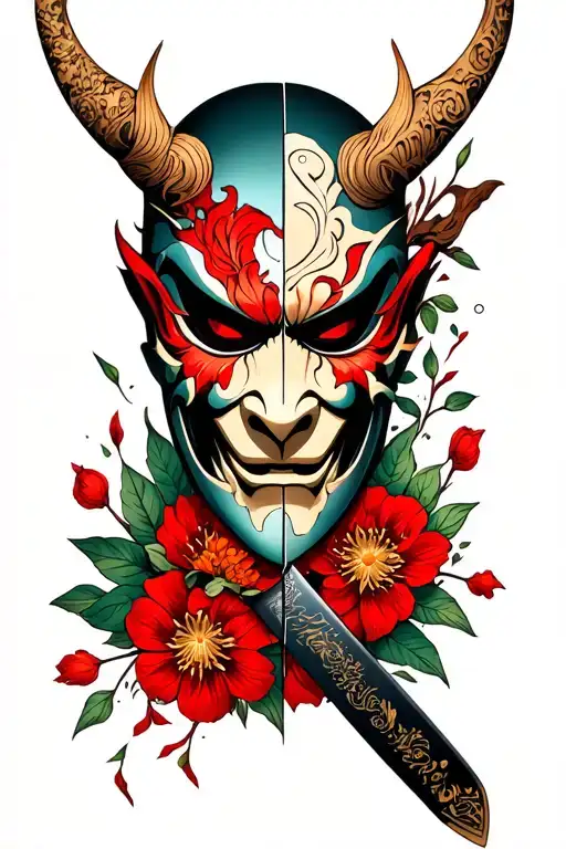 an oni mask broken into 2 parts, with lycoris flowers around it and a katana in the middle of the mask separating the masks and fragments tattoo design idea