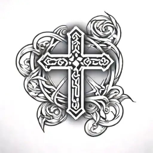 simple cross with the words Yahweh is first on top and the words I am second on the bottom tattoo design idea