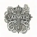 simple cross with the words Yahweh is first on top and the words I am second on the bottom tattoo design idea