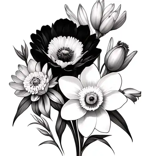 Daffodil, Water lily,Poppy, aster, and narcissus birth flower arrangement with fine lines tattoo design idea