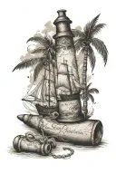 caribbean map, message in a bottle, sailing boat tattoo design idea
