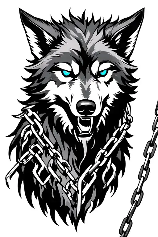 Norse Fenrir wolf breaking chains with blue eyes like fire tattoo design idea