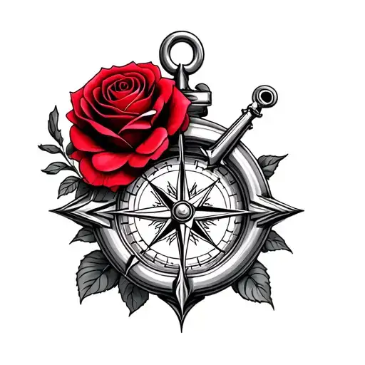 Draw me a representation of a tattoo of large red roses that wears a serious compass of a sea anchor tattoo design idea