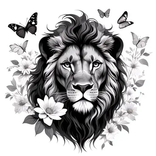 feminine liones,flowers , butterflies surrounding, majestic, tattoo design idea