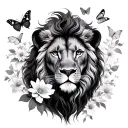 feminine liones,flowers , butterflies surrounding, majestic, tattoo design idea