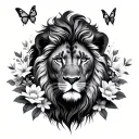 feminine liones,flowers , butterflies surrounding, majestic, tattoo design idea