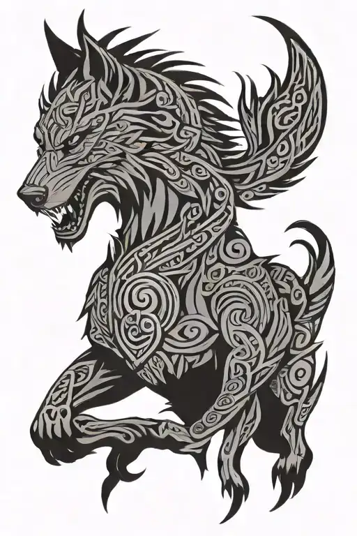 angry fenrir with runes wrapping, nordic, black and grey, with not allot of black tattoo design idea