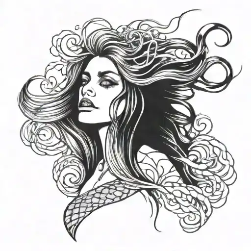 make a tattoo sketch in the style of graphics. it will be a magical mermaid in the style of dark art. she has long hair, tattoo design idea