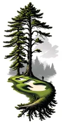 pine forest wrap around tree golf course family tattoo design idea