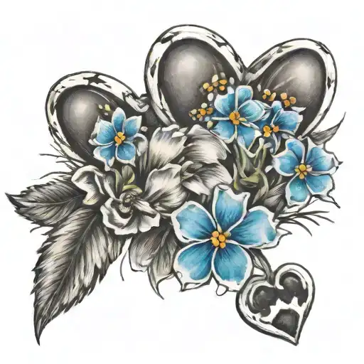 forget me not flowers, 2 hearts and a paw print tattoo design idea