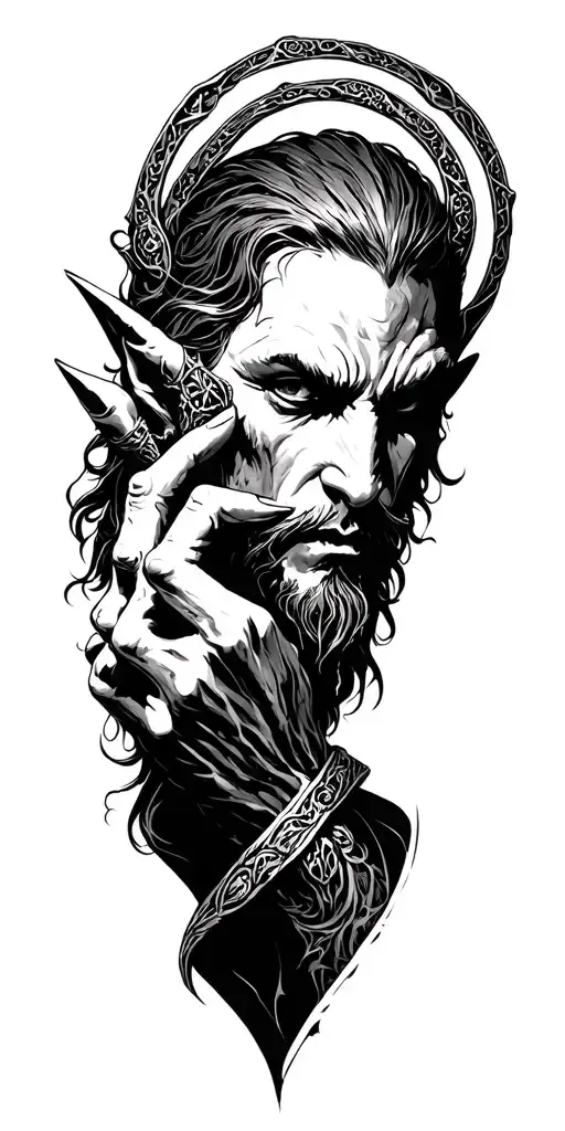 Lord of the Ring sauron elf holding the ring finger tattoo design idea