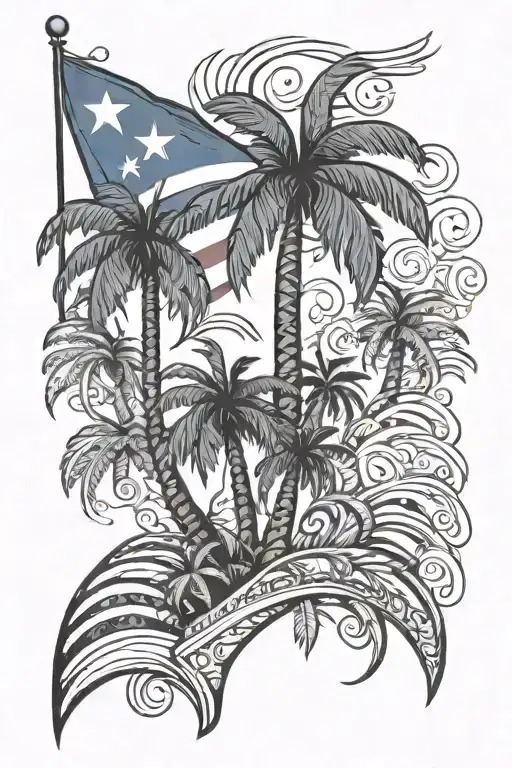 drawn puerto rican flag with palm trees and taino symbols tattoo design idea