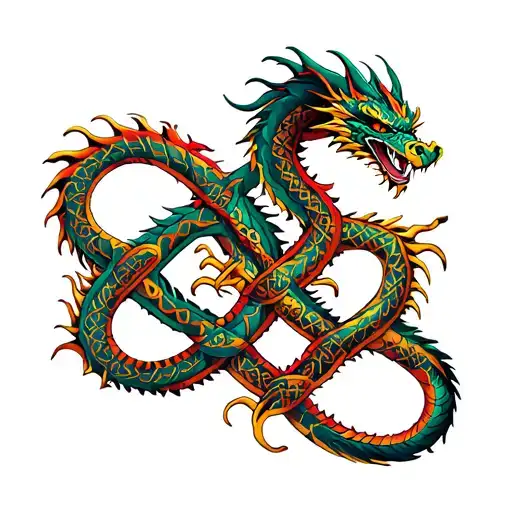 4 dragons interlinked in a celtic knot pattern. 1 dragon is a Maori taniwha desogn, 1 a celtic dragon, 2 vietnamese tattoo design idea