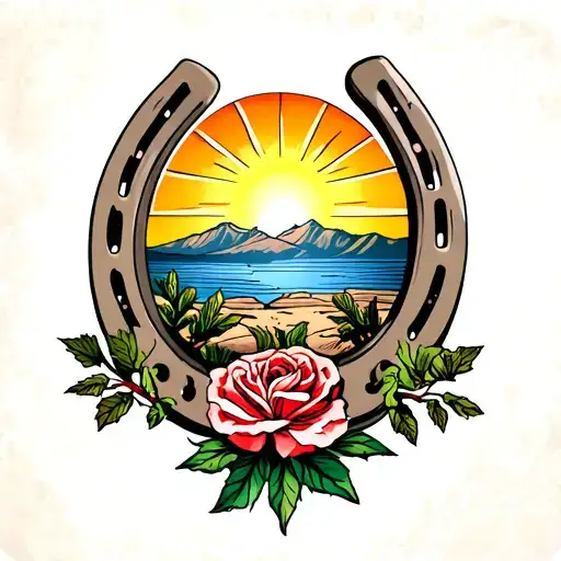 sunrise over a landscape, horse shoe outline, desert rose bottom center of horse shoe. tattoo design idea