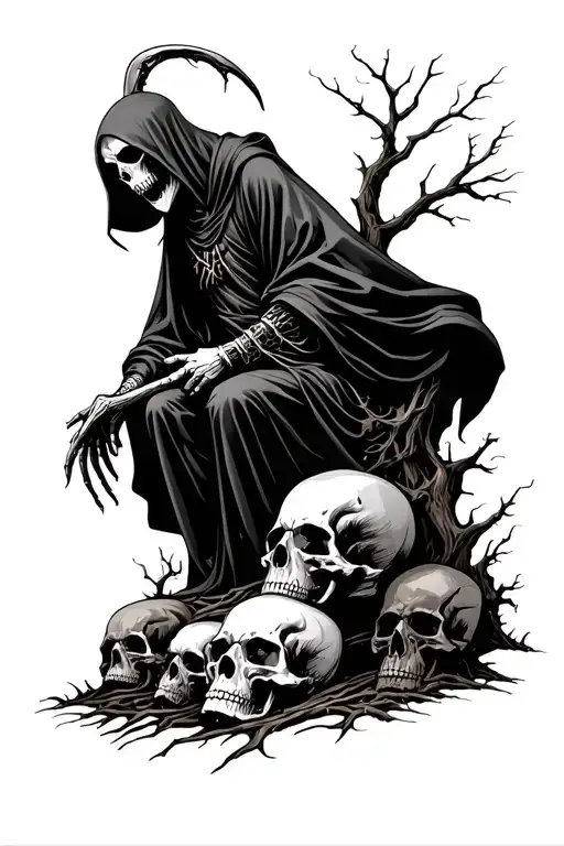 grim reaper on top of skulls with dark background of burnt trees and craws  tattoo design idea