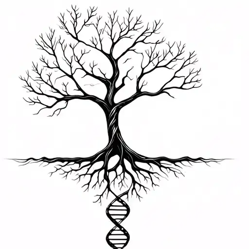 Tree with DNA strand-shaped roots symbolizing life tattoo design idea