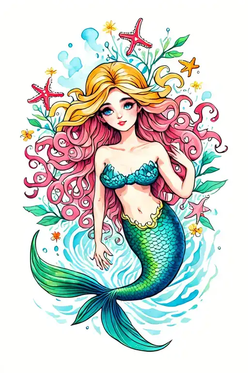 mermaid,Watercolor,, waves, flowers, small jellyfish, small octopus, starfish tattoo design idea