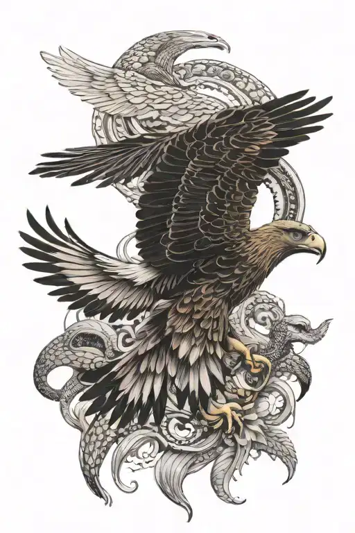 golden eagle fighting a snake, Aztec inspired design featuring tattoo design idea