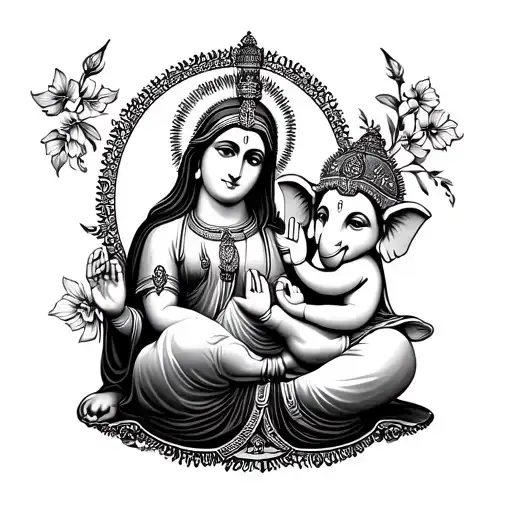 virgin mary with divine kid lord Ganesha tattoo design idea