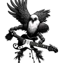 voodoo doll bird playing the electric guitar made. scary  tattoo design idea