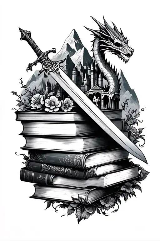 outline stack of books, sleeve, dragons, swords, mountains, skulls, castle, floral tattoo design idea