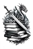 outline stack of books, sleeve, dragons, swords, mountains, skulls, castle, floral tattoo design idea