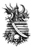 outline stack of books, sleeve, dragons, swords, mountains, skulls, castle, floral tattoo design idea