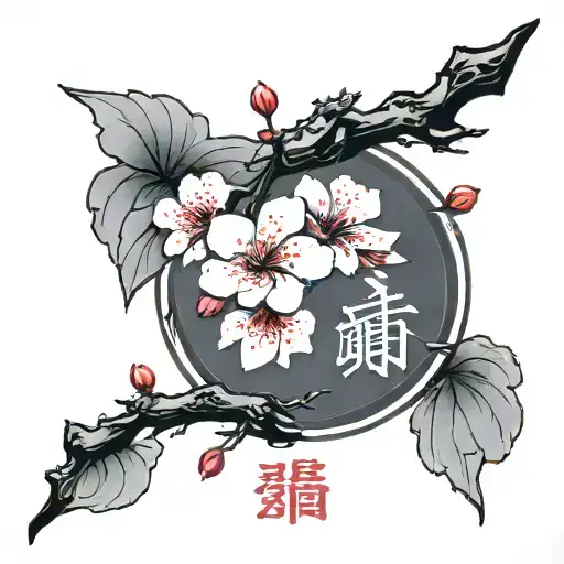 Chinese Calligraphy that says "it is what it is" then put red cherry blossom branch with flowers behind tattoo design idea