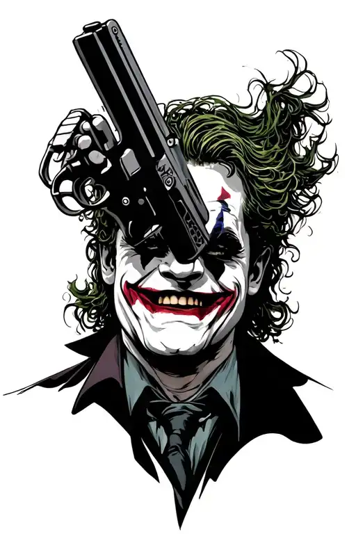 joker heath ledger laughing with gun to head tattoo design idea