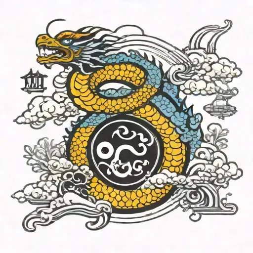 dragon and temple and yin yang symbol tattoo design idea