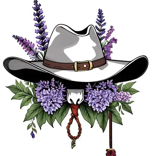 fine line tattoo that includes a cowboy hat, bolo tie, lavender, lilacs, and a cardinal all in one, black line only tattoo design idea