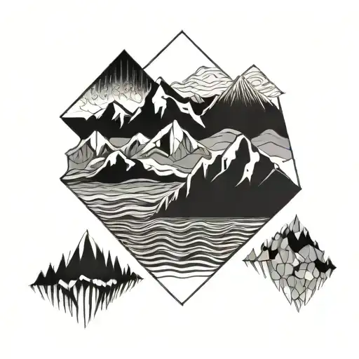 An abstract horizon where waves mix with polygonal mountain lines, with the quote “Not all who wander tattoo design idea