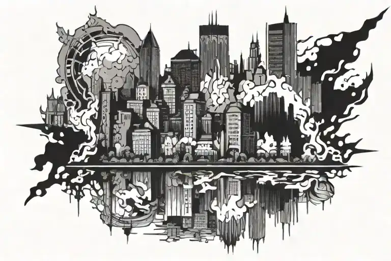 mirrored city with one side burning and destroyed  tattoo design idea