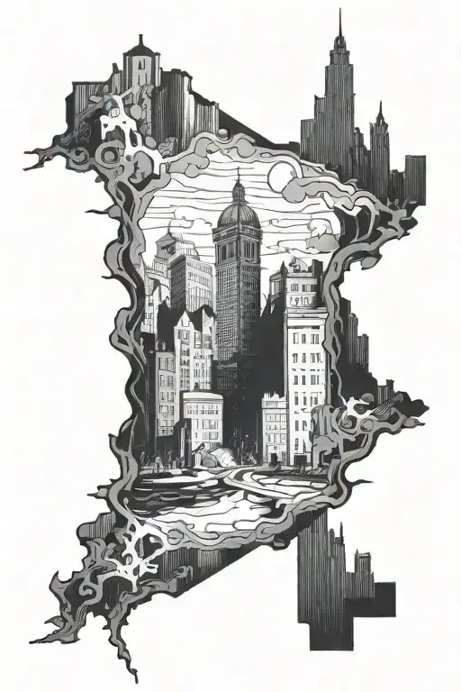mirrored city with one side burning and destroyed  tattoo design idea